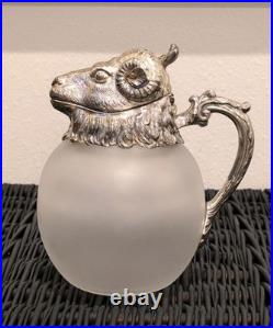 Vintage MCM Silverplate Rams Head Frosted Glass Decanter Pitcher Aries NICE