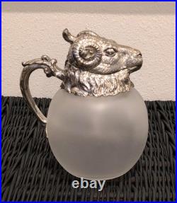 Vintage MCM Silverplate Rams Head Frosted Glass Decanter Pitcher Aries NICE