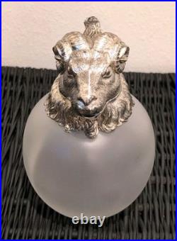 Vintage MCM Silverplate Rams Head Frosted Glass Decanter Pitcher Aries NICE