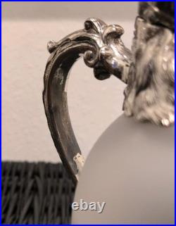 Vintage MCM Silverplate Rams Head Frosted Glass Decanter Pitcher Aries NICE
