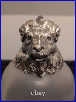 Vintage MCM Silverplate Rams Head Frosted Glass Decanter Pitcher Aries NICE