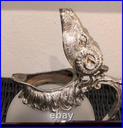 Vintage MCM Silverplate Rams Head Frosted Glass Decanter Pitcher Aries NICE