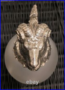 Vintage MCM Silverplate Rams Head Frosted Glass Decanter Pitcher Aries NICE
