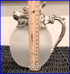 Vintage MCM Silverplate Rams Head Frosted Glass Decanter Pitcher Aries NICE