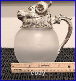 Vintage MCM Silverplate Rams Head Frosted Glass Decanter Pitcher Aries NICE