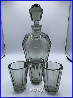 Vintage MCM Smoky Gray Glass Faceted Decanter With Glasses (3) Czech Moser