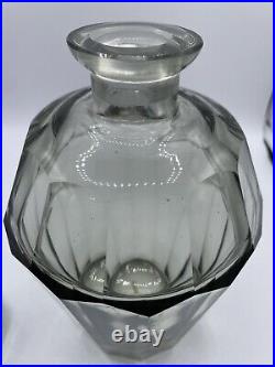 Vintage MCM Smoky Gray Glass Faceted Decanter With Glasses (3) Czech Moser