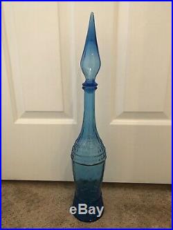 Vintage MCM Tall Aqua Genie Bottle Decanter, Diamond Pattern Unique