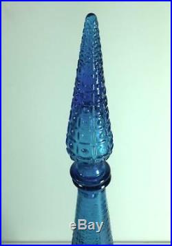 Vintage MCM Tall Thin Blue Glass Decanter with Stopper Circle/Square Pattern
