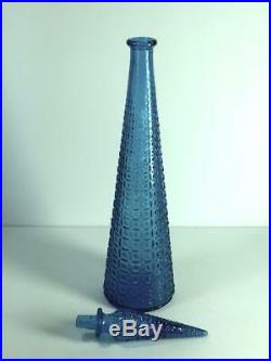 Vintage MCM Tall Thin Blue Glass Decanter with Stopper Circle/Square Pattern