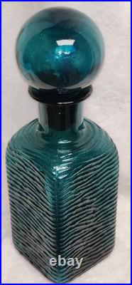 Vintage MCM Teal Square Bottle Decanter Empoli Ribbed Spherical Glass Stopper