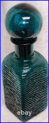 Vintage MCM Teal Square Bottle Decanter Empoli Ribbed Spherical Glass Stopper