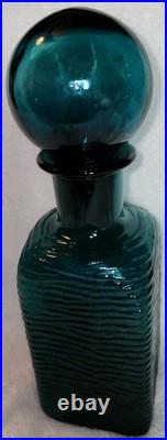 Vintage MCM Teal Square Bottle Decanter Empoli Ribbed Spherical Glass Stopper