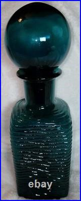 Vintage MCM Teal Square Bottle Decanter Empoli Ribbed Spherical Glass Stopper