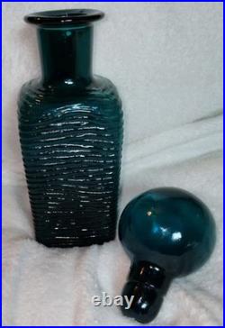 Vintage MCM Teal Square Bottle Decanter Empoli Ribbed Spherical Glass Stopper