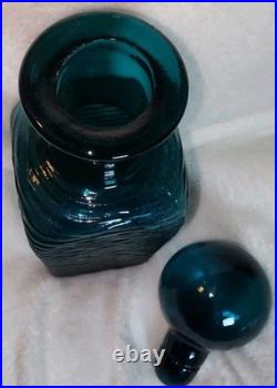 Vintage MCM Teal Square Bottle Decanter Empoli Ribbed Spherical Glass Stopper