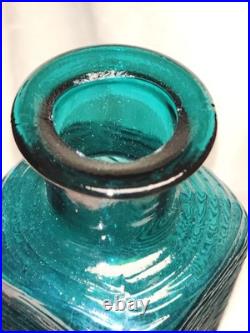 Vintage MCM Teal Square Bottle Decanter Empoli Ribbed Spherical Glass Stopper