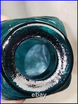 Vintage MCM Teal Square Bottle Decanter Empoli Ribbed Spherical Glass Stopper