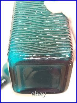 Vintage MCM Teal Square Bottle Decanter Empoli Ribbed Spherical Glass Stopper