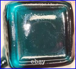 Vintage MCM Teal Square Bottle Decanter Empoli Ribbed Spherical Glass Stopper