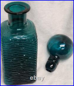 Vintage MCM Teal Square Bottle Decanter Empoli Ribbed Spherical Glass Stopper