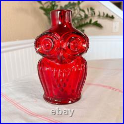 Vintage MCM Viking Glass & Rainbow Owl Bottle Decanter Ruby Red