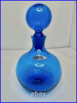 Vintage MCM Wayne Husted Blenko 636s Blue Decanter genie bottle withlabel