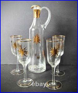 Vintage MCM Wine Carafe & 4 Champagne Flutes Atomic Starburst Gold Trim