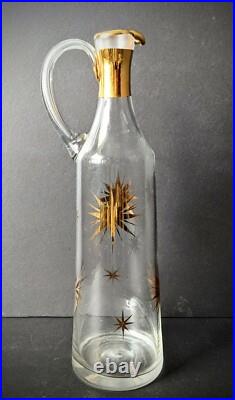 Vintage MCM Wine Carafe & 4 Champagne Flutes Atomic Starburst Gold Trim