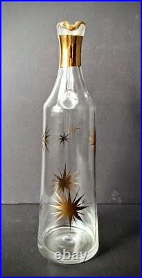 Vintage MCM Wine Carafe & 4 Champagne Flutes Atomic Starburst Gold Trim