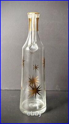 Vintage MCM Wine Carafe & 4 Champagne Flutes Atomic Starburst Gold Trim