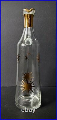 Vintage MCM Wine Carafe & 4 Champagne Flutes Atomic Starburst Gold Trim