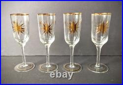 Vintage MCM Wine Carafe & 4 Champagne Flutes Atomic Starburst Gold Trim