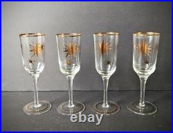 Vintage MCM Wine Carafe & 4 Champagne Flutes Atomic Starburst Gold Trim