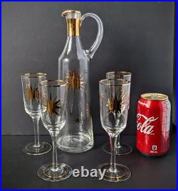 Vintage MCM Wine Carafe & 4 Champagne Flutes Atomic Starburst Gold Trim