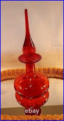 Vintage MID Century Art Glass Blenko Orange Red Decanter With Spire Stopper