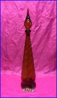 Vintage MID Century Large Swirl Amber Glass Genie Bottle 26 Empoli Decanter