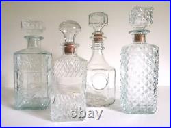 Vintage MID Century Modernist Faceted Glass Decanter Bottles Mixed Set Of 4