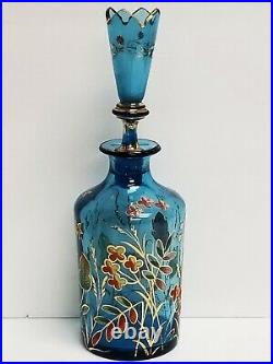 Vintage MOSER Numbered Hand Painted Enamel Blue Glass Decanter Bottle with Stopper