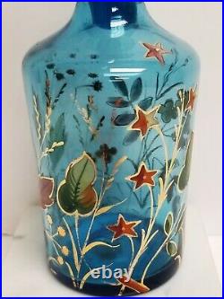 Vintage MOSER Numbered Hand Painted Enamel Blue Glass Decanter Bottle with Stopper