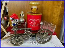Vintage MUNICIPAL FIRE DEPT Musical Wagon Decanter and 4 Shot Glass Set 1/404