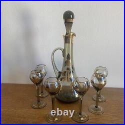 Vintage Made In Hungary ART Glass Decanter Glasses Set Hand Painted Gold Trim