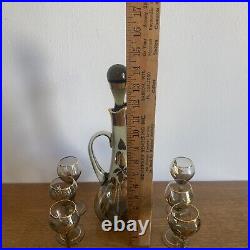 Vintage Made In Hungary ART Glass Decanter Glasses Set Hand Painted Gold Trim