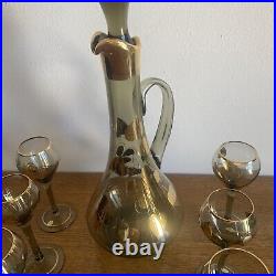 Vintage Made In Hungary ART Glass Decanter Glasses Set Hand Painted Gold Trim
