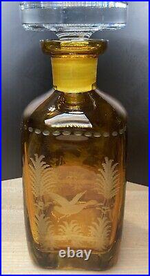 Vintage Made In West Germany Etched Ember Color Decanter With Woods Scene