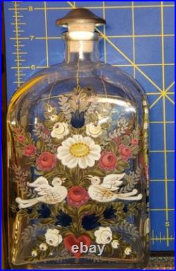 Vintage Made in Germany Hand-painted Glass bottle with a Peace Dove Flower motif