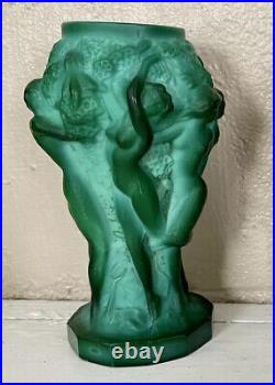 Vintage Malachite Jade Glass Art Deco Vase Bohemian Chech Six Nudes In Vineyard