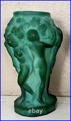 Vintage Malachite Jade Glass Art Deco Vase Bohemian Chech Six Nudes In Vineyard