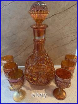 Vintage Marigold Grape Pattern Carnival Glass Decanter Set