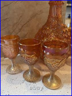 Vintage Marigold Grape Pattern Carnival Glass Decanter Set